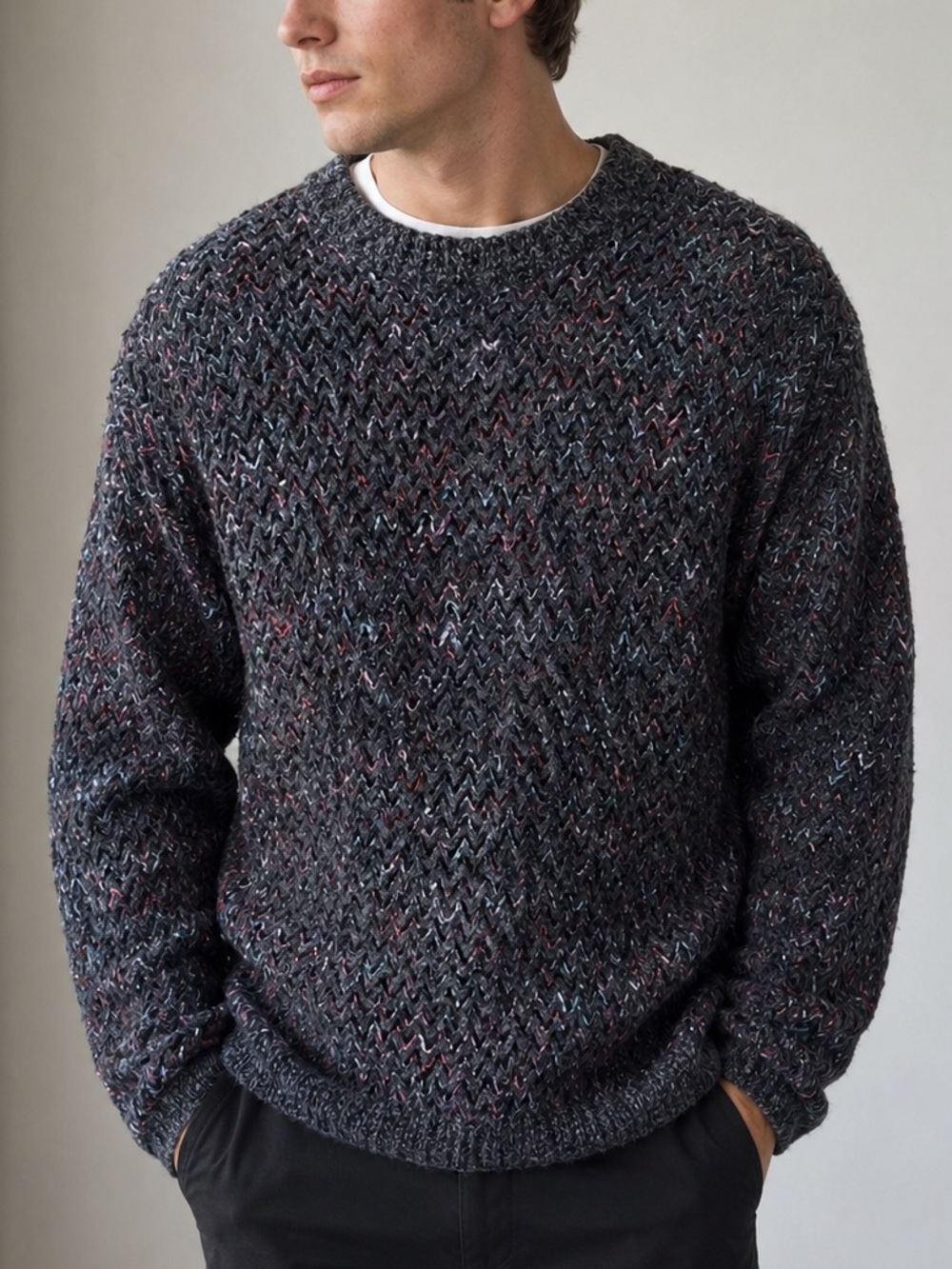 VTG Y2K Men’s Sweater Large Allen Wah Lined Bat Sleeve Boucle Knit Wool Blend